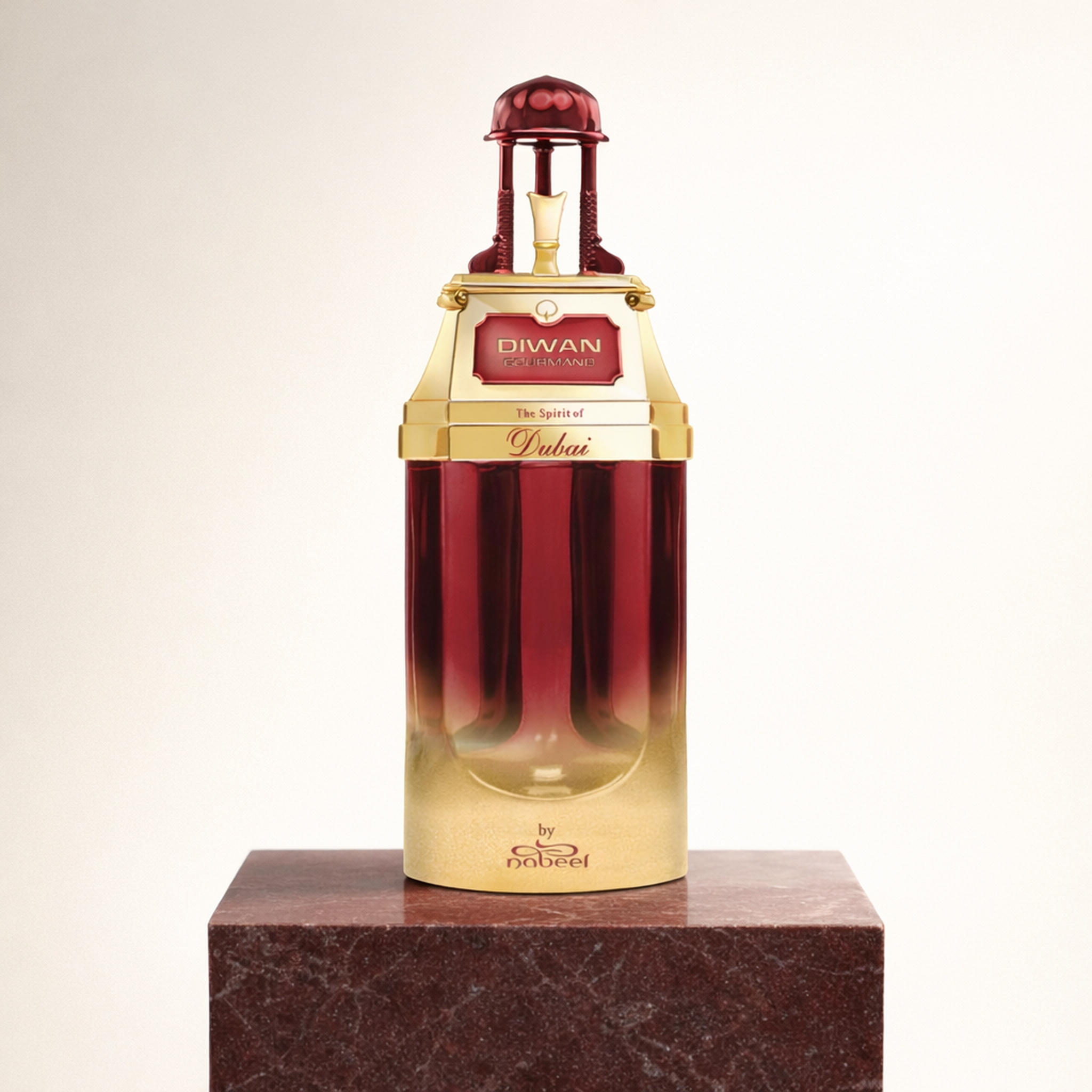 The Spirit of Dubai Diwan Gourmand EDP upright pedestal gallery showcase