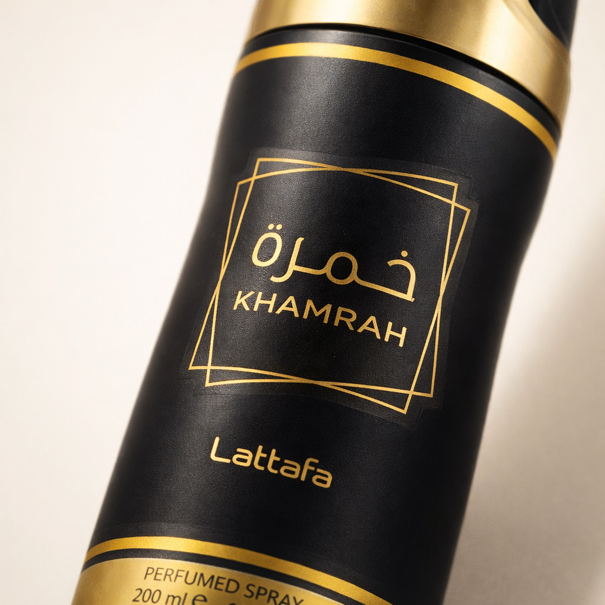 Lattafa Khamrah Deodorant macro label detail gallery showcase