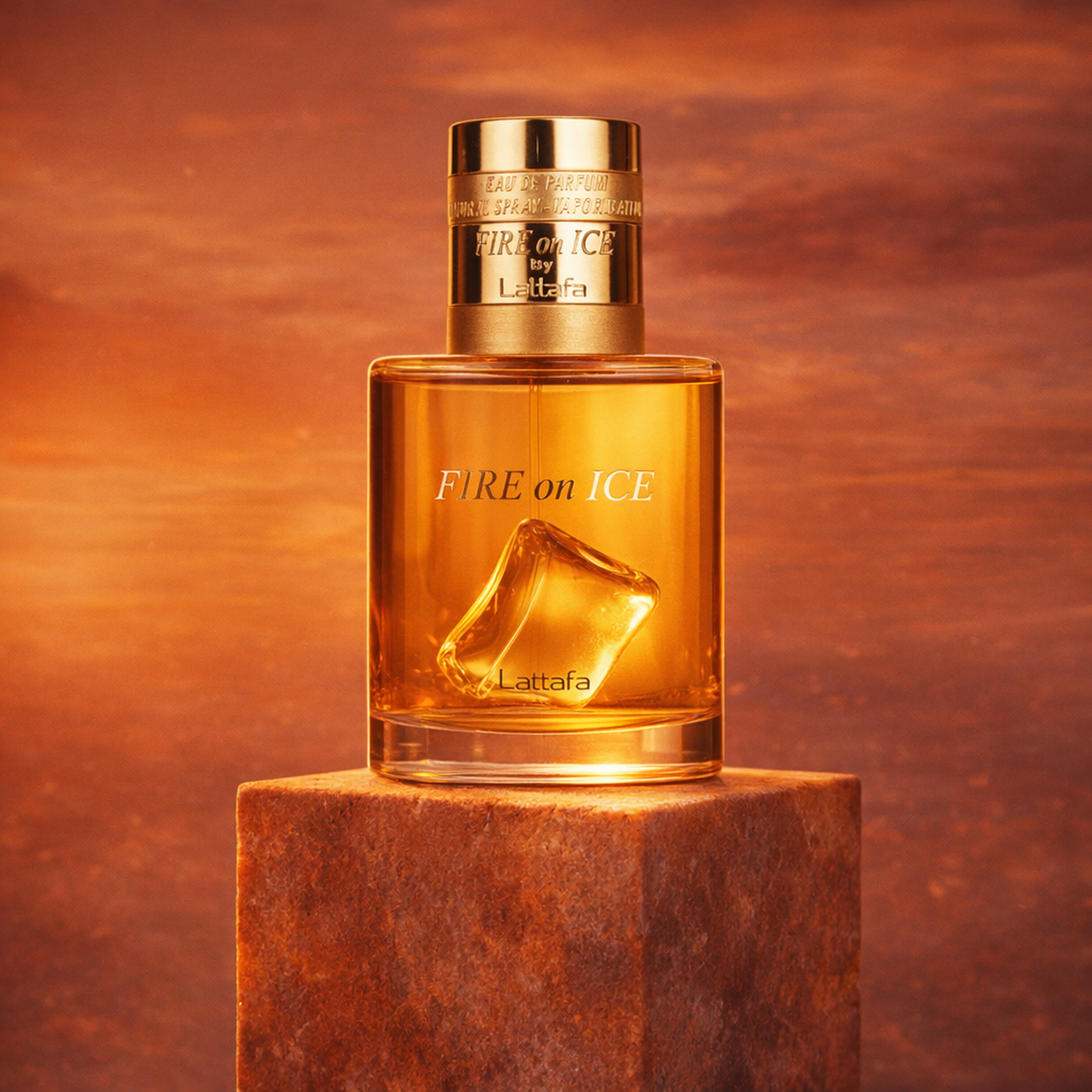 Lattafa Fire On Ice EDP upright pedestal gallery showcase