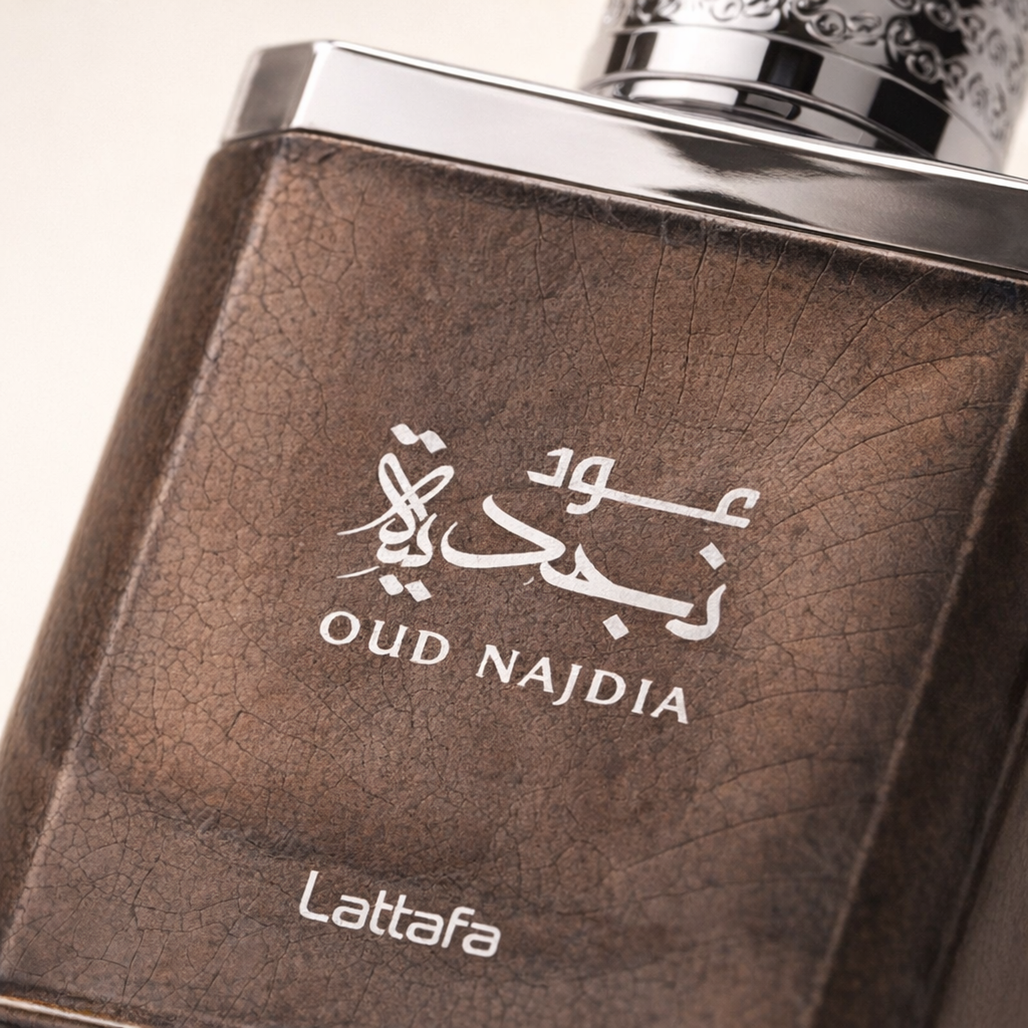 Lattafa Oud Najdia EDP macro label detail gallery showcase