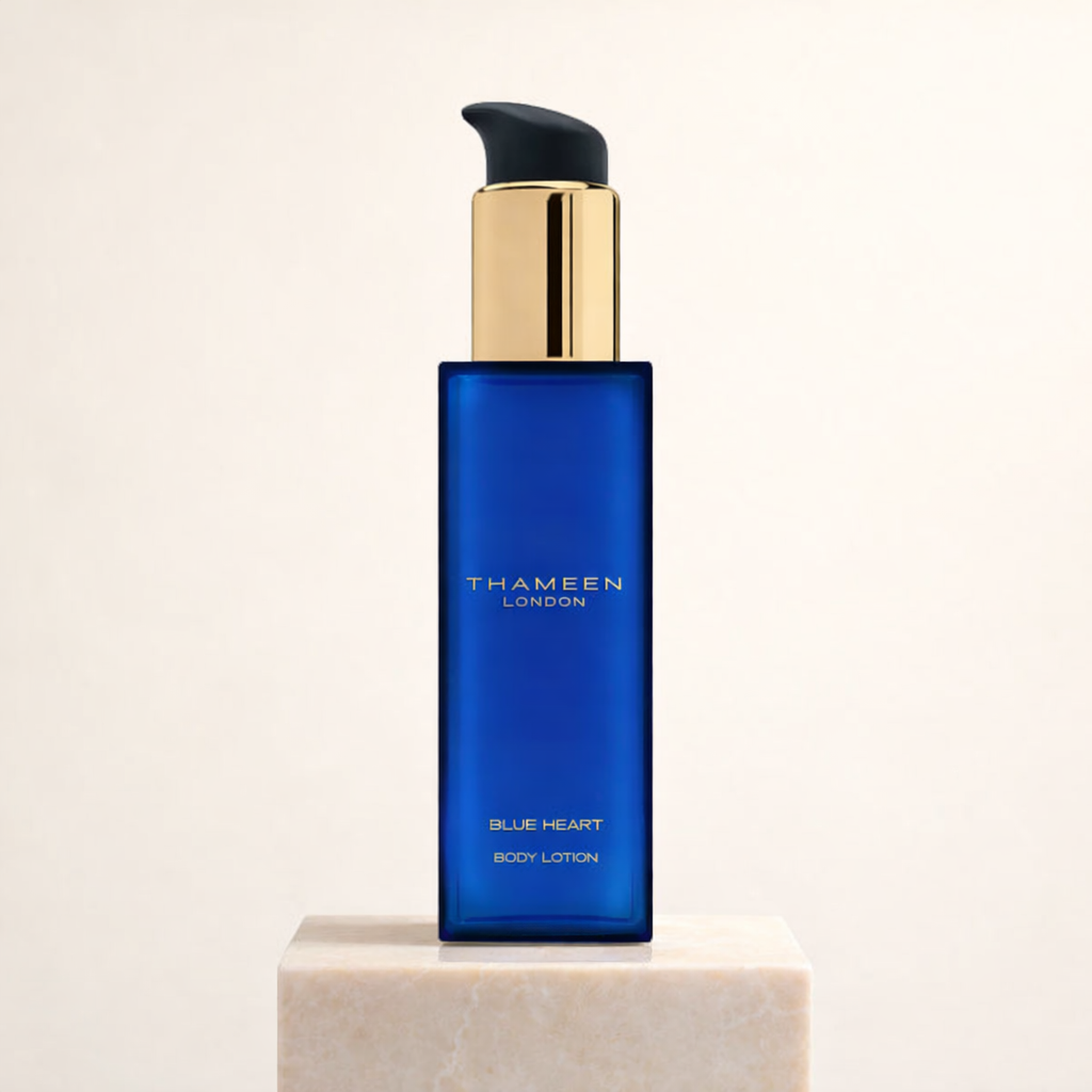 Thameen Treasure Collection Blue Heart Body Lotion upright pedestal gallery showcase