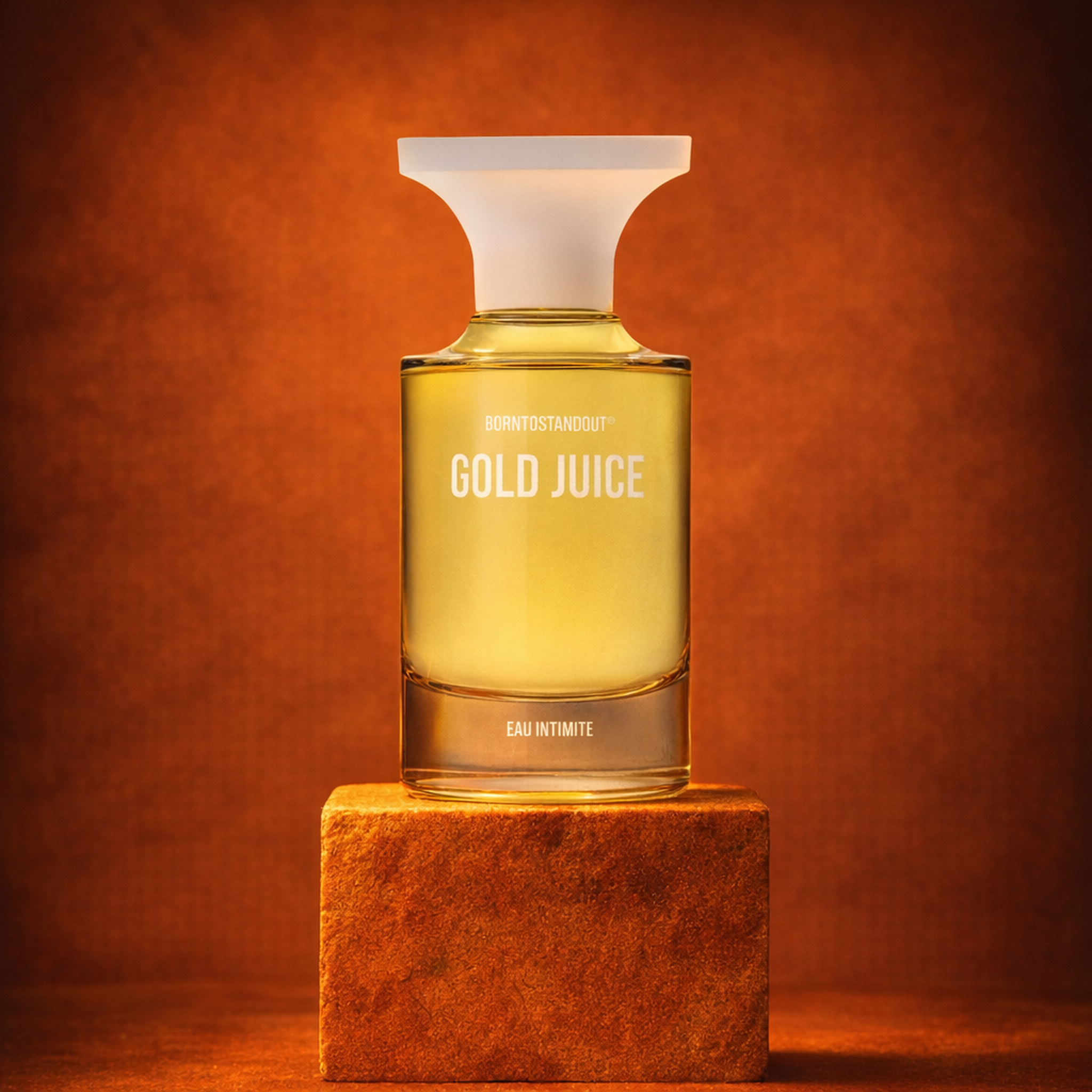 BORNTOSTANDOUT Gold Juice Eau Intimite upright pedestal gallery showcase