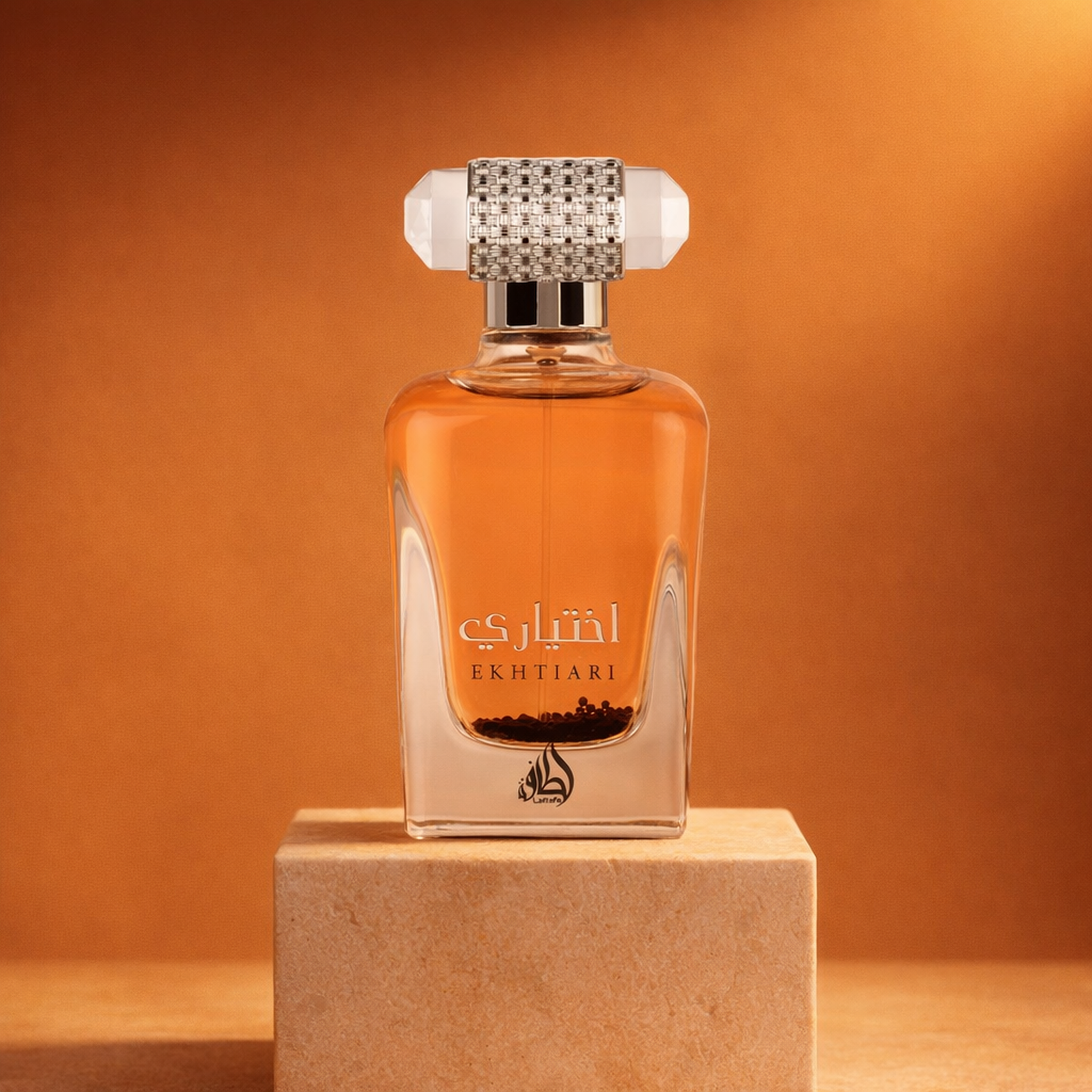 Lattafa Ekhtiari EDP upright pedestal gallery showcase